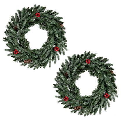 24”  Pre-lit Christmas Wreath Set of 2 Front Door Artificial Xmas Wreath with 90 Frosted Branch Tips