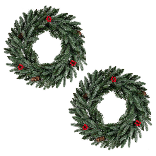 24”  Pre-lit Christmas Wreath Set of 2 Front Door Artificial Xmas Wreath with 90 Frosted Branch Tips