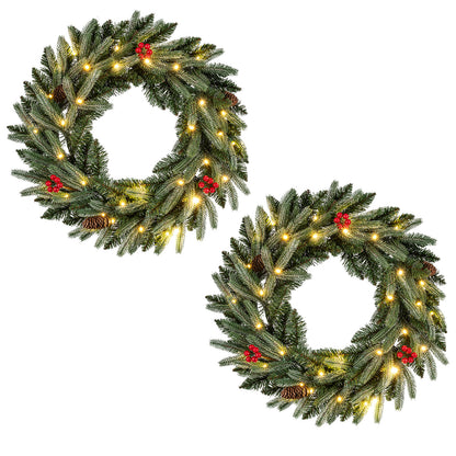 24”  Pre-lit Christmas Wreath Set of 2 Front Door Artificial Xmas Wreath with 90 Frosted Branch Tips