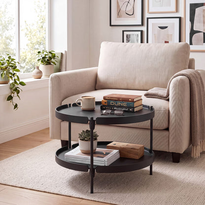 Black 24-inch round plastic coffee table with metal legs, modern living room furniture by Wilsons Home Store.