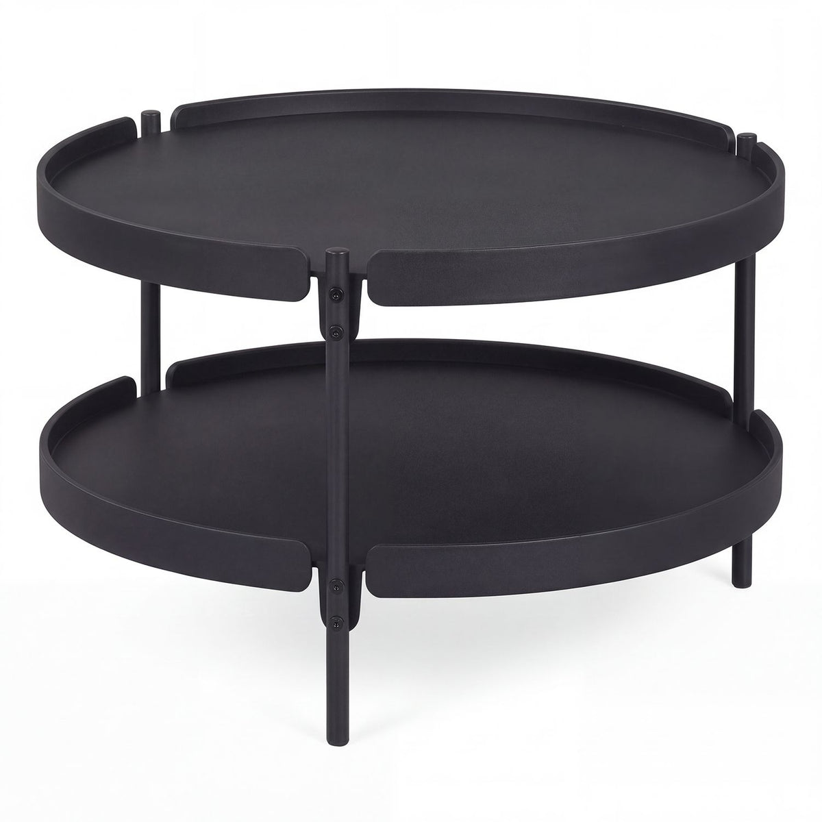Black 24-inch round plastic coffee table with metal legs, ideal for living room decor and modern furniture styling.