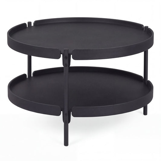 Black 24-inch round plastic coffee table with metal legs, ideal for living room decor and modern furniture styling.
