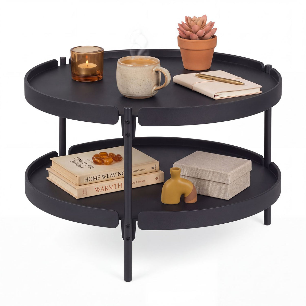 Black 24-inch round plastic coffee table with metal legs, modern living room furniture by Wilsons Home Store.