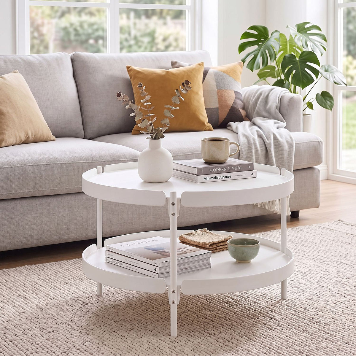 Black 24-inch round plastic coffee table with metal legs, ideal for living room furniture and modern home decor.