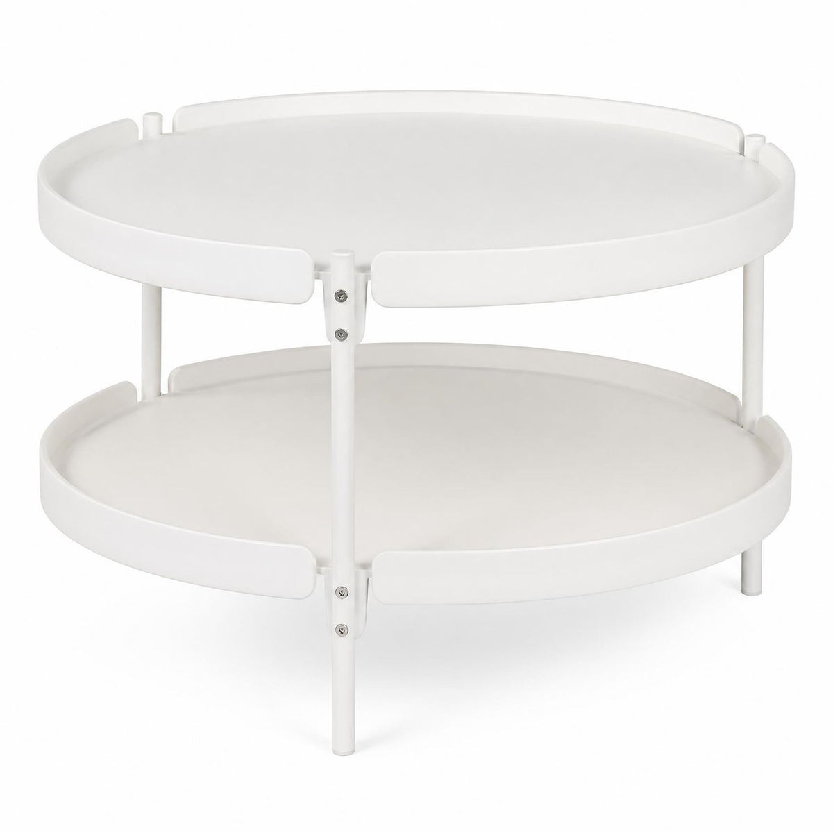 Black 24-inch round plastic coffee table with metal legs, perfect for living room decor.