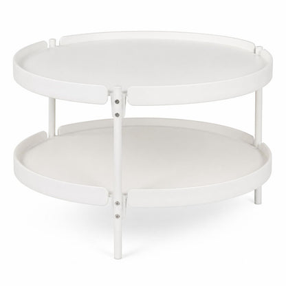 Black 24-inch round plastic coffee table with metal legs, perfect for living room decor.