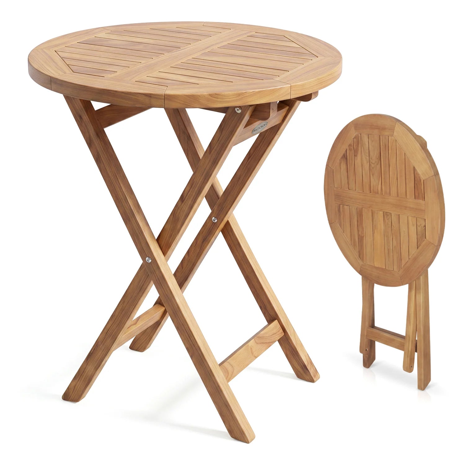 24-inch round solid teak outdoor folding bistro table with footrest, perfect for patio dining and outdoor entertaining.