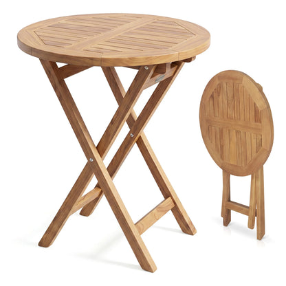 24-inch round solid teak outdoor folding bistro table with footrest, perfect for patio dining and outdoor entertaining.