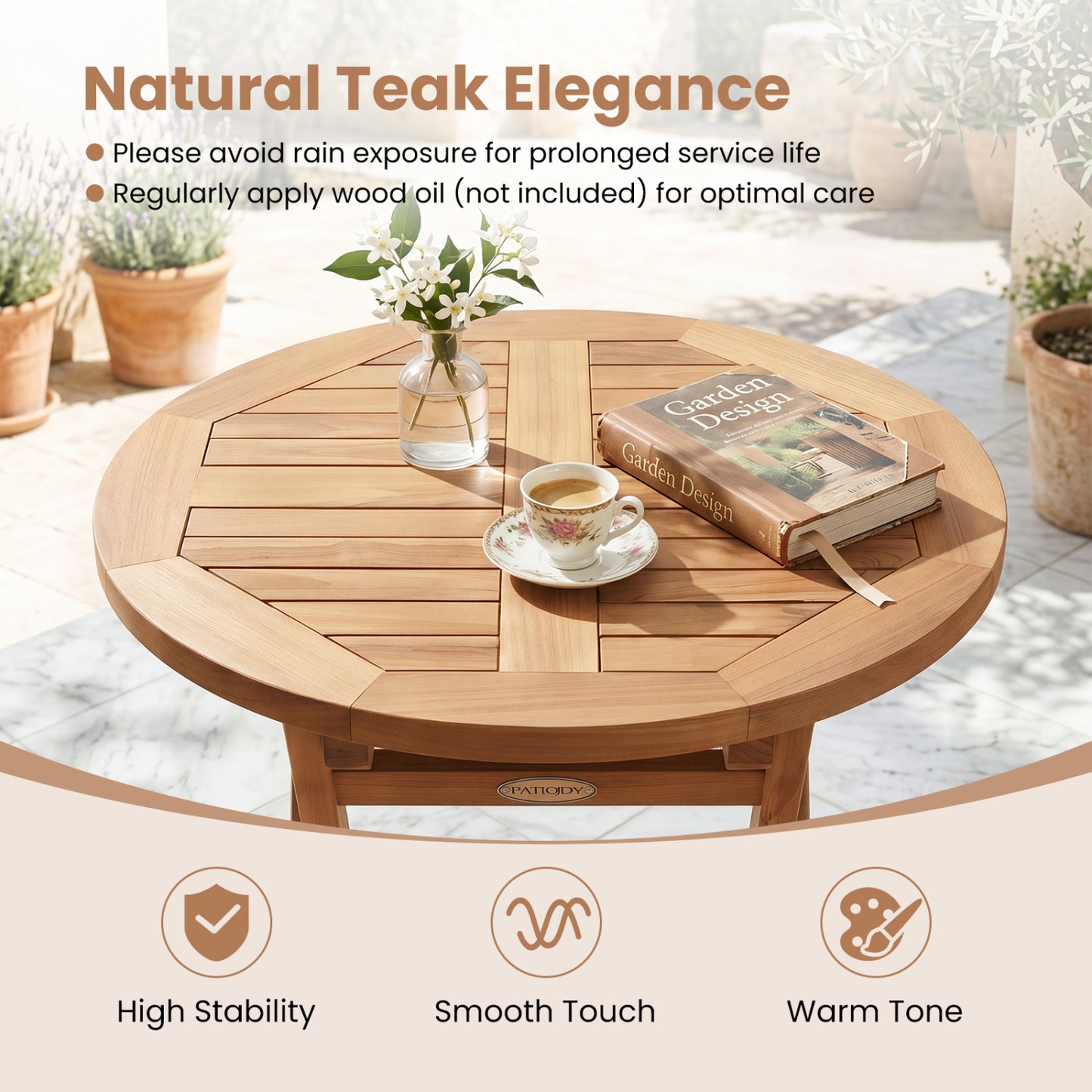 24-inch round solid teak outdoor folding bistro table with footrest, ideal for patio dining and outdoor gatherings.