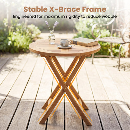 24-inch round solid teak outdoor folding bistro table with footrest, perfect for patio dining and outdoor entertaining.