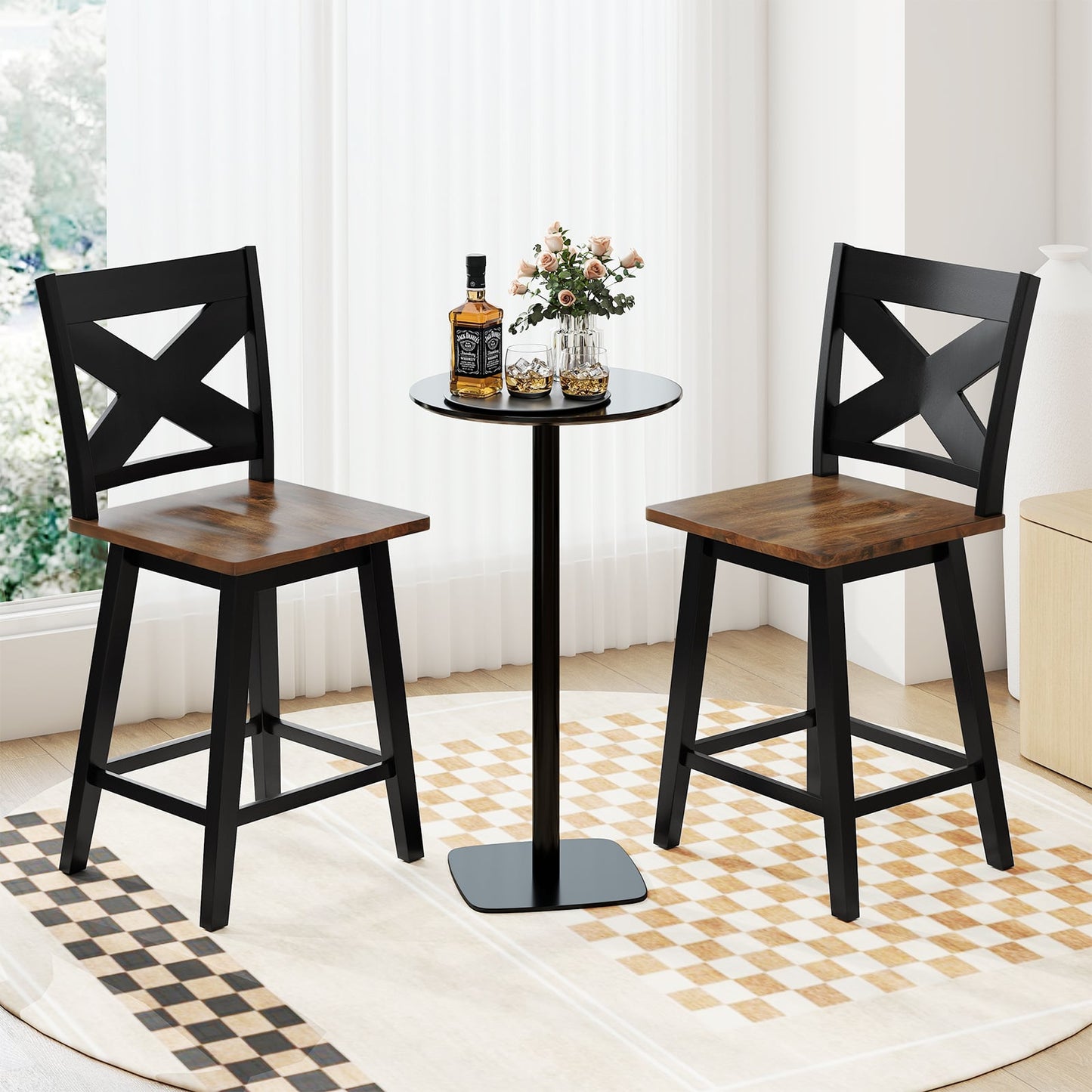24" Rubberwood Swivel Barstools Set of 2 with Backrest and Large Seat-Black