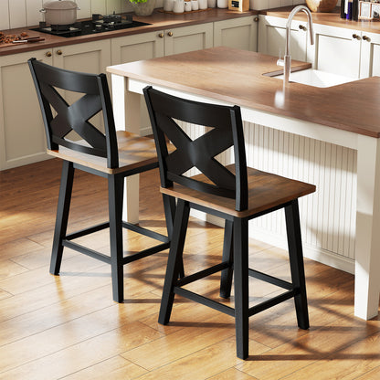 24" Rubberwood Swivel Barstools Set of 2 with Backrest and Large Seat-Black