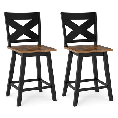 24" Rubberwood Swivel Barstools Set of 2 with Backrest and Large Seat-Black
