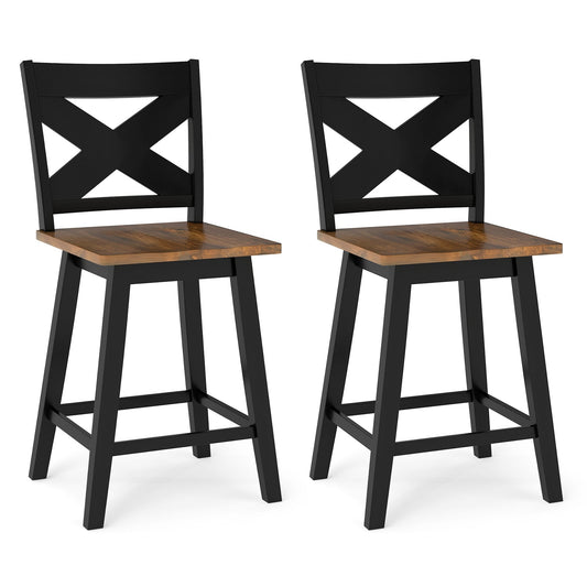 24" Rubberwood Swivel Barstools Set of 2 with Backrest and Large Seat-Black