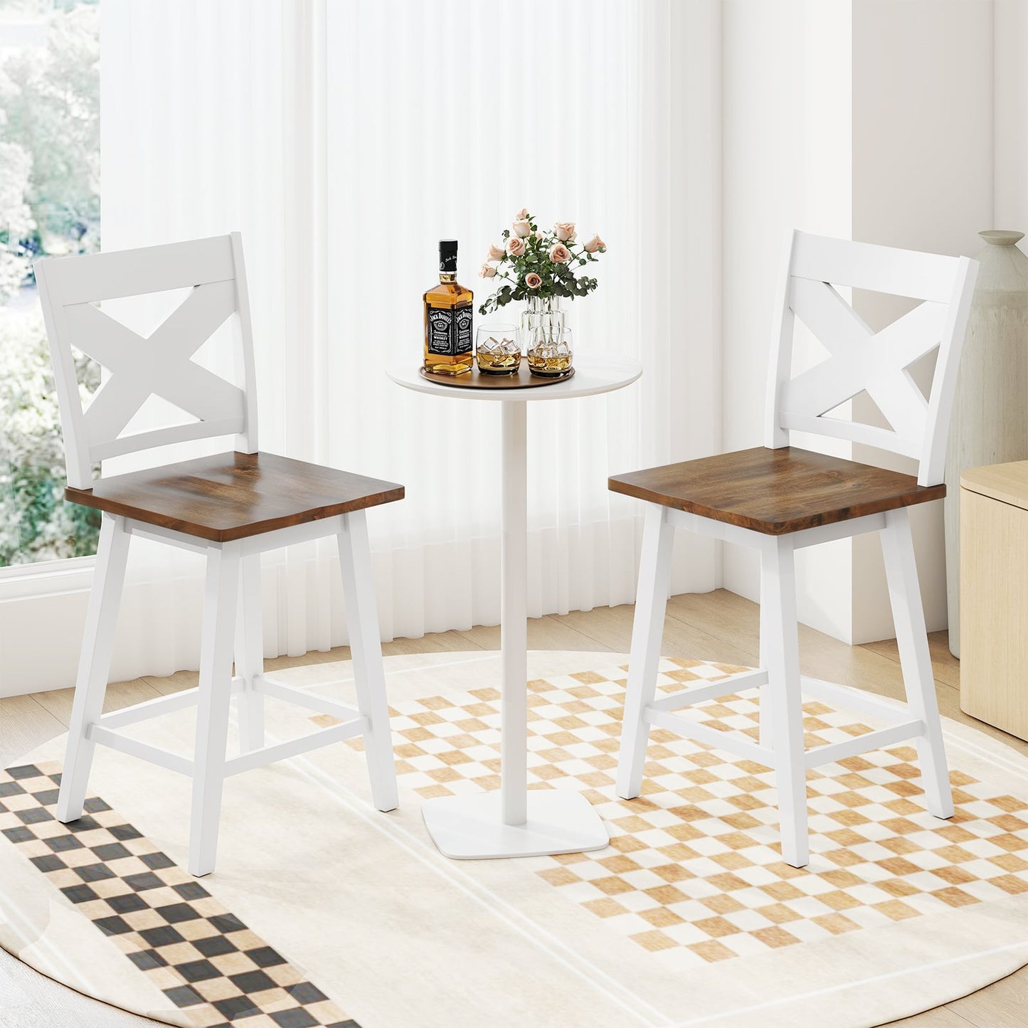 24" Rubberwood Swivel Barstools Set of 2 with Backrest and Large Seat-Black