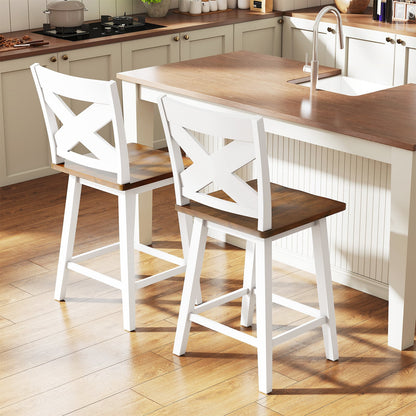 24" Rubberwood Swivel Barstools Set of 2 with Backrest and Large Seat-Black