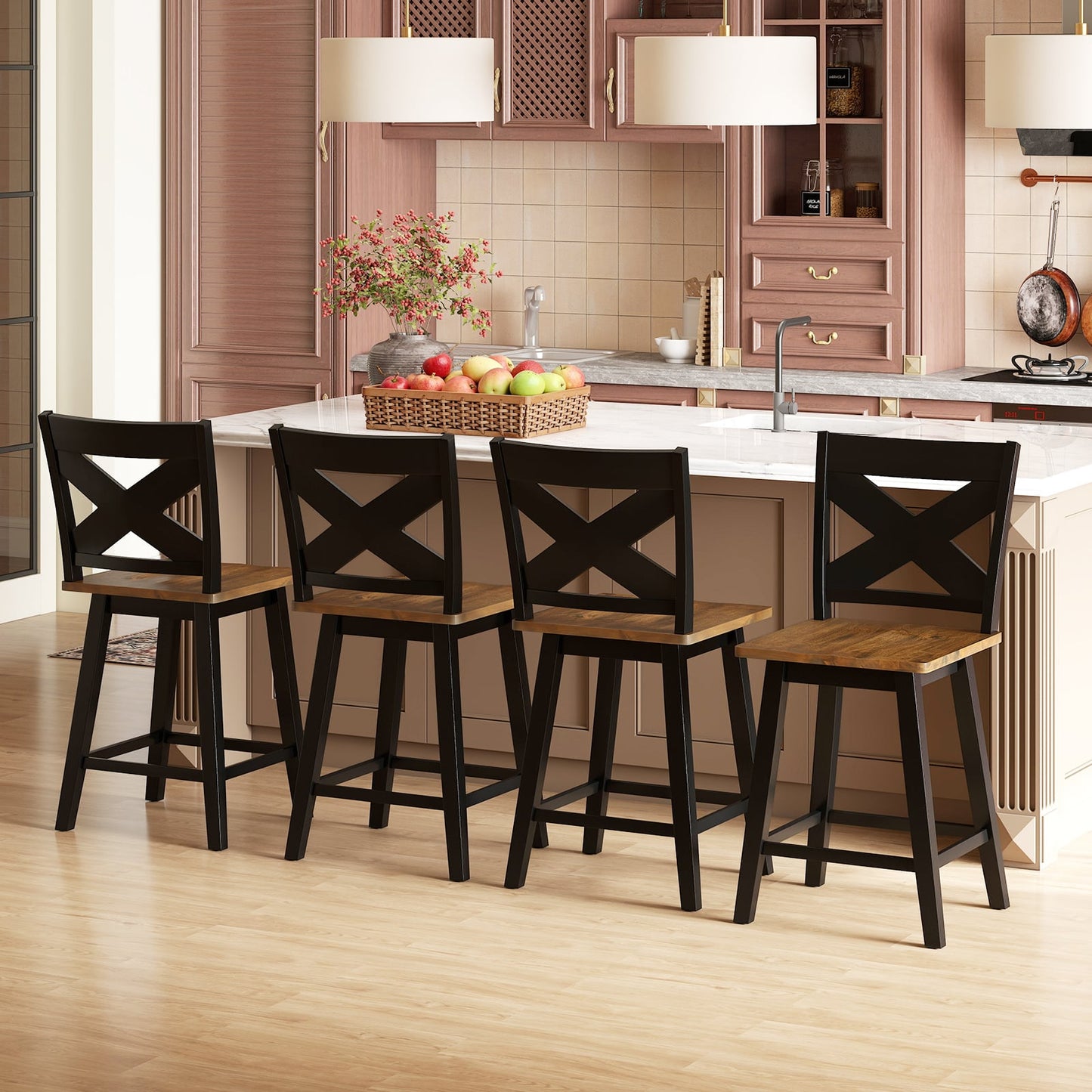 24" Rubberwood Swivel Barstools Set of 4 with Backrest and Large Seat-Black