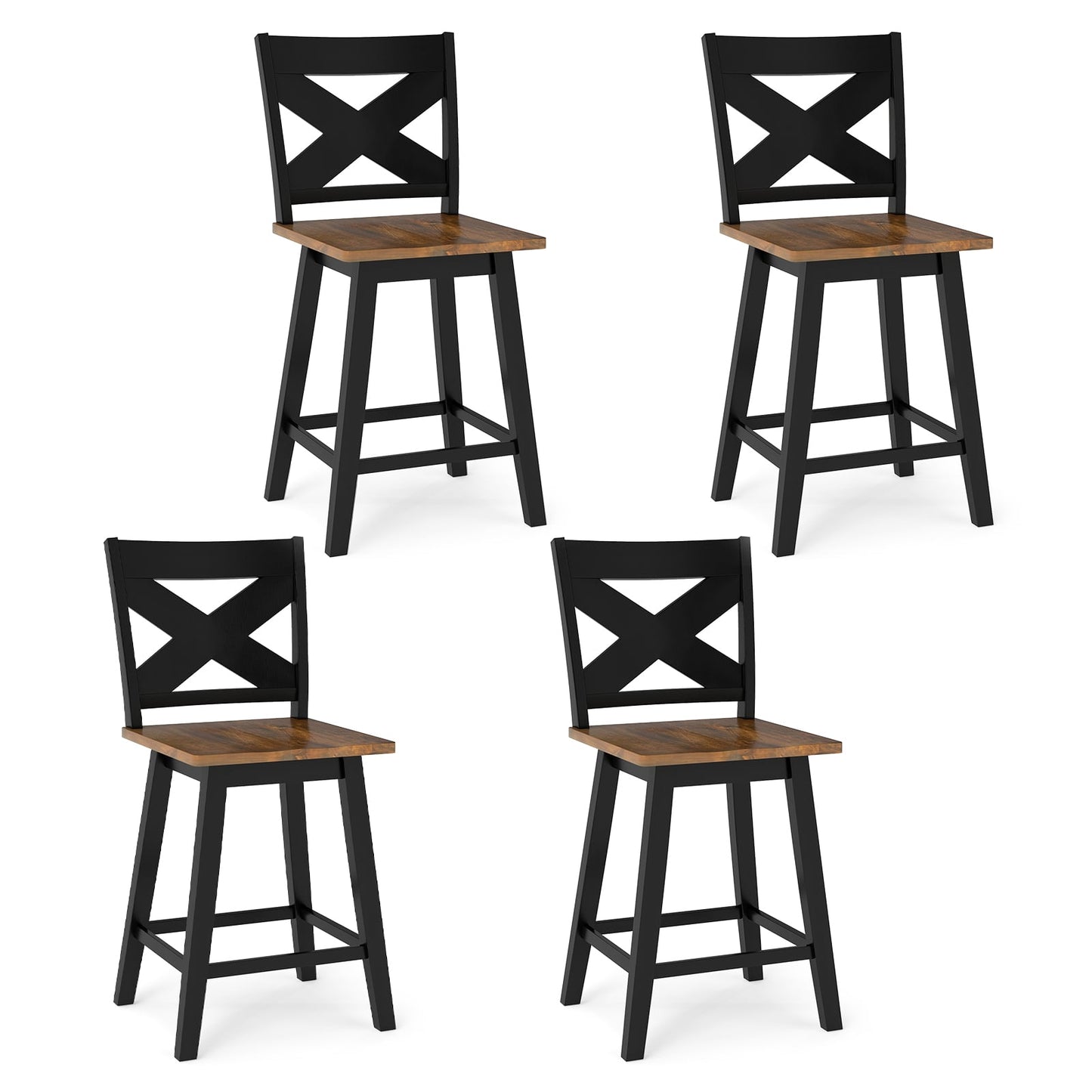 24" Rubberwood Swivel Barstools Set of 4 with Backrest and Large Seat-Black