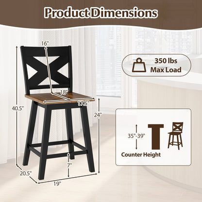 24" Rubberwood Swivel Barstools Set of 4 with Backrest and Large Seat-Black