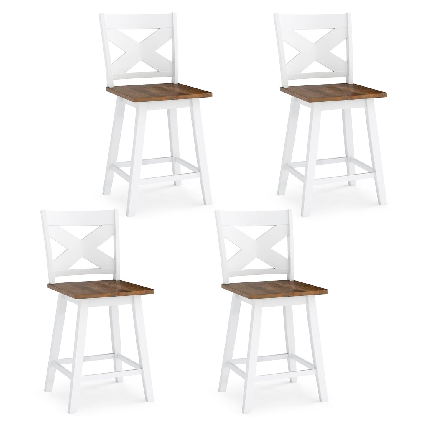 24" Rubberwood Swivel Barstools Set of 4 with Backrest and Large Seat-Black