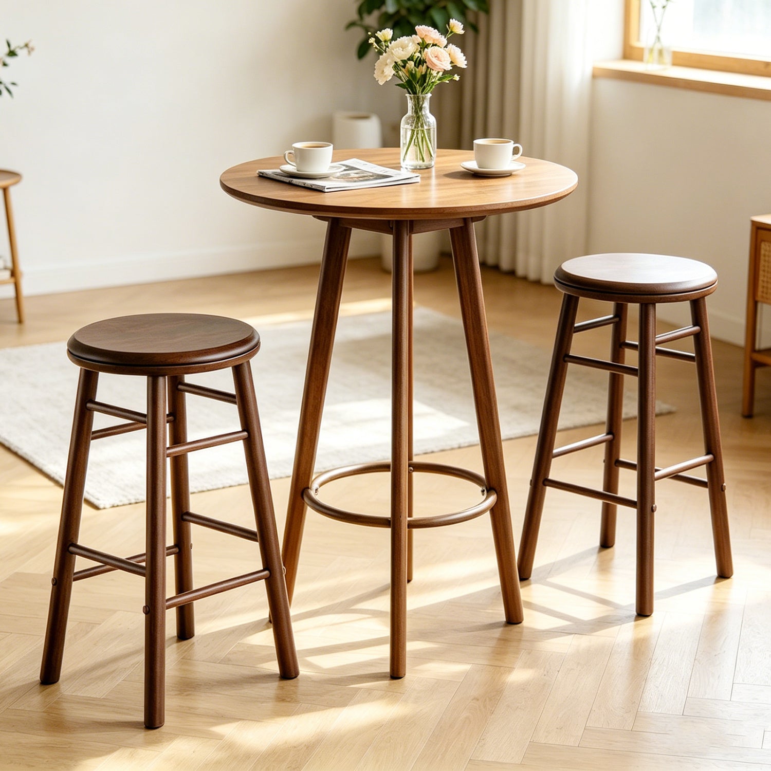 Set of two 24-inch gray swivel bar stools with footrests and crossbars, designed for kitchen or dining areas.