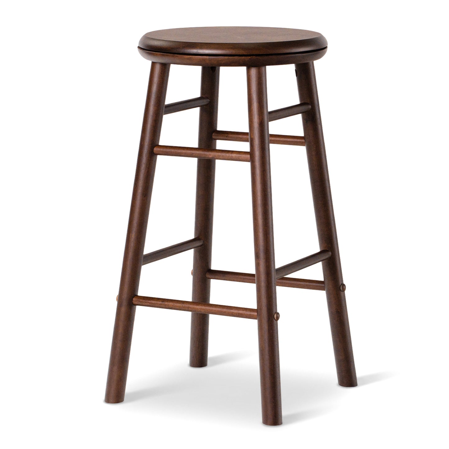 Set of two 24-inch gray swivel bar stools with footrests and crossbars, designed for kitchen and dining areas.