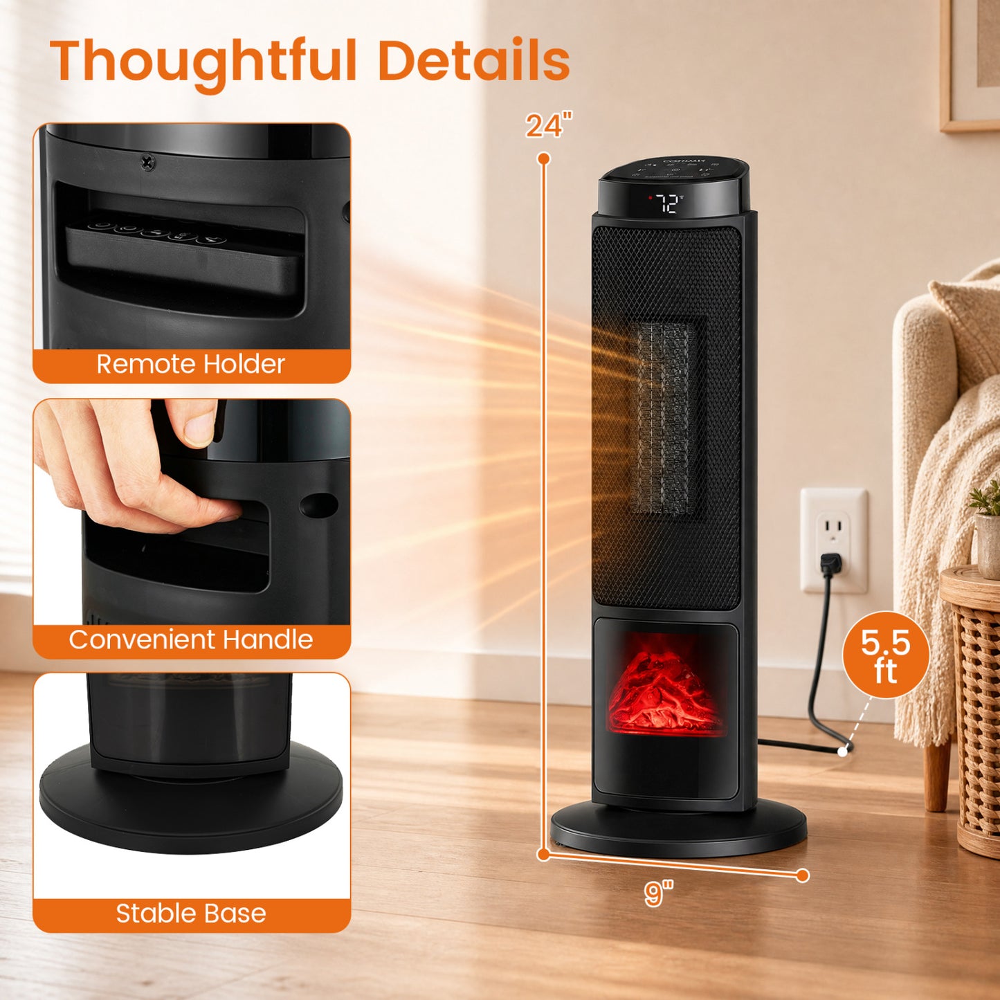 24 inch 1500W PTC Ceramic Tower Space Heater with 7-Color Flame-Black