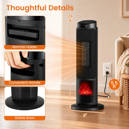 24 inch 1500W PTC Ceramic Tower Space Heater with 7-Color Flame-Black