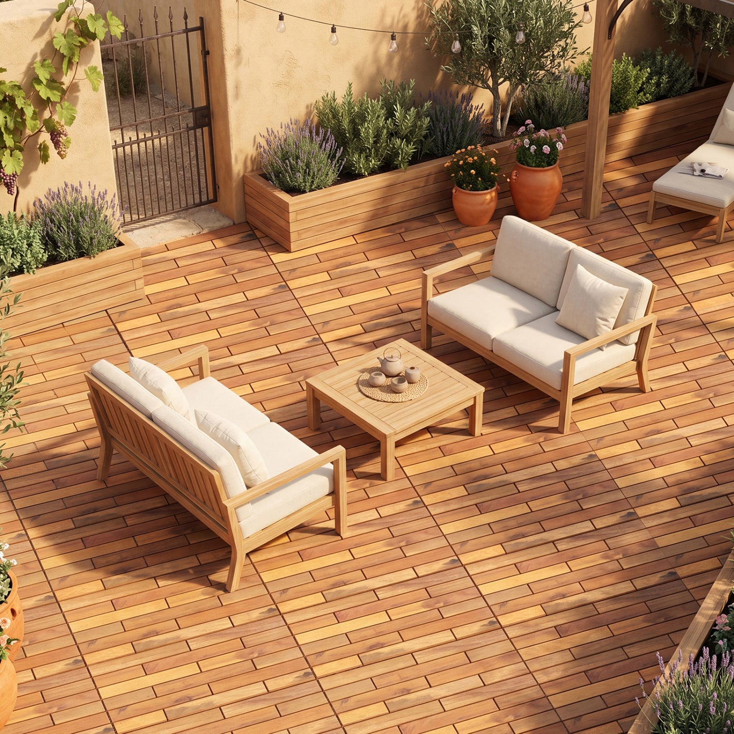 Set of 12 natural acacia wood interlocking deck tiles, 24 x 12 inches, waterproof outdoor decor for patios and decks.