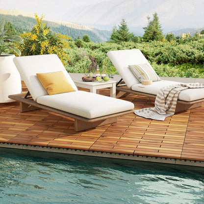 48-piece acacia wood interlocking deck tiles in natural finish, waterproof outdoor flooring for patios and decks.
