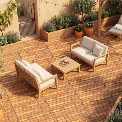 Acacia wood interlocking deck tiles in natural finish, 24 x 12 inches, waterproof outdoor flooring, 48-piece set.