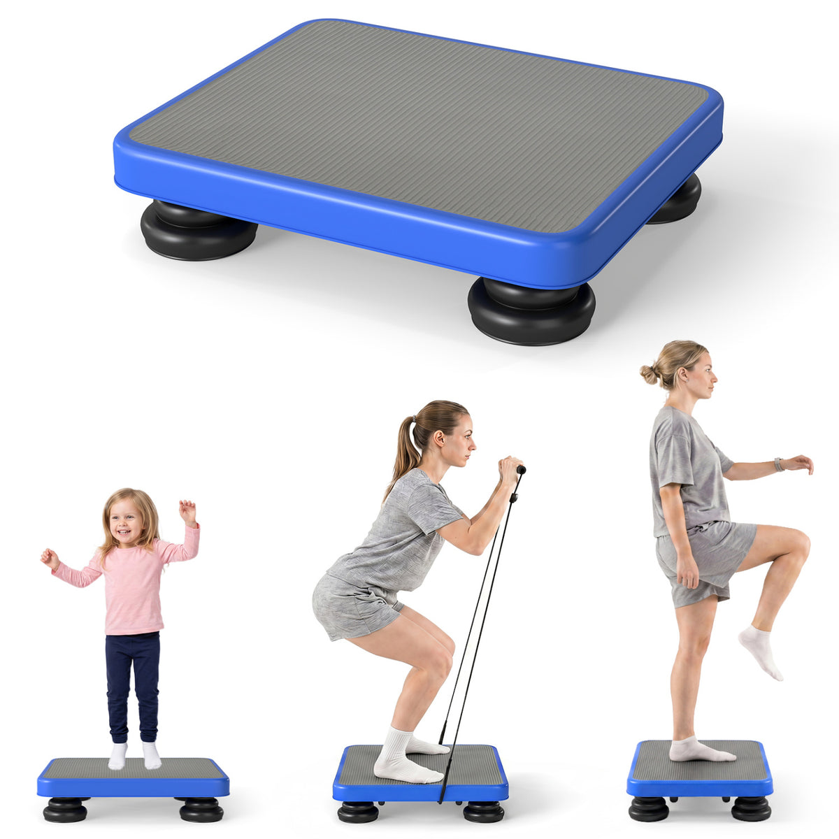 Blue 24x20-inch kids rebounder bouncing board with elastic rope, suitable for children ages 3 and up, outdoor toy for active play.