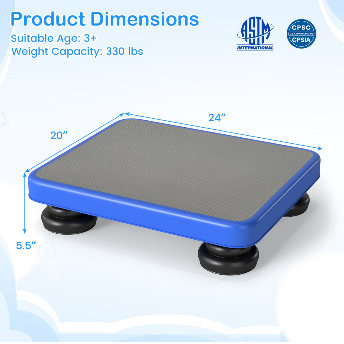 Blue 24x20-inch kids rebounder bouncing board with elastic rope, designed for children ages 3 and up, outdoor trampoline toy.