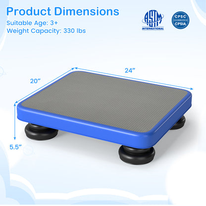 Blue 24x20-inch kids rebounder bouncing board with elastic rope, designed for children ages 3 and up, outdoor trampoline toy.