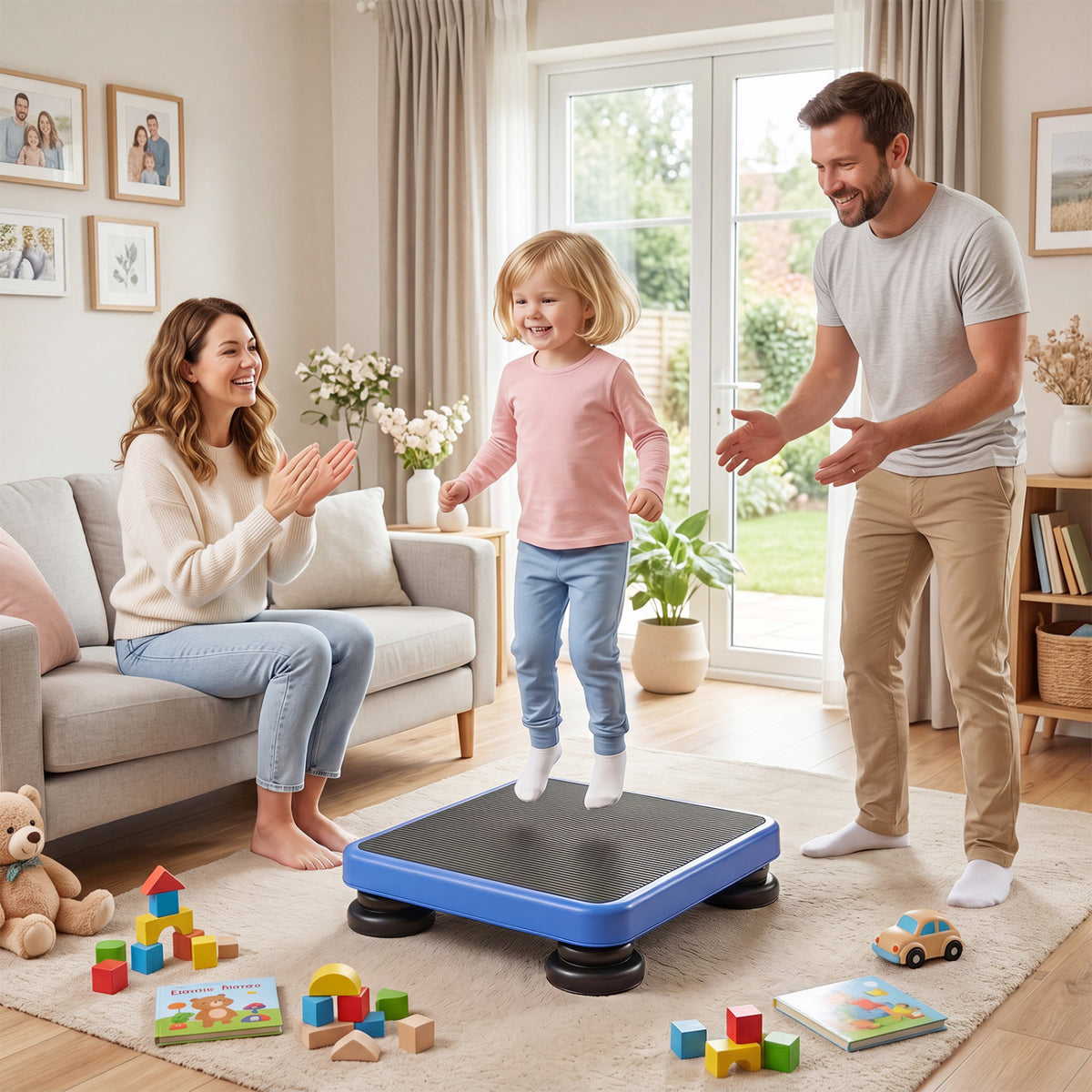 Blue 24x20-inch kids rebounder bouncing board with elastic rope, suitable for ages 3 and up, from Wilsons Home Store.