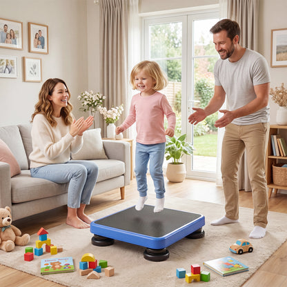 Blue 24x20-inch kids rebounder bouncing board with elastic rope, suitable for ages 3 and up, from Wilsons Home Store.