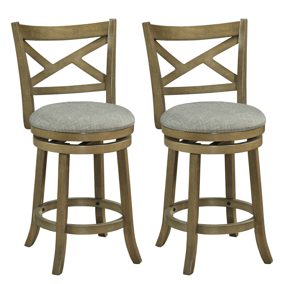 Set of two 25/30 inch swivel bar stools with backrests and wood frames, ideal for kitchen and dining spaces.