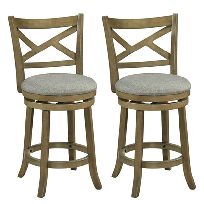 Set of two 25/30 inch swivel bar stools with backrests and wood frames, ideal for kitchen and dining spaces.