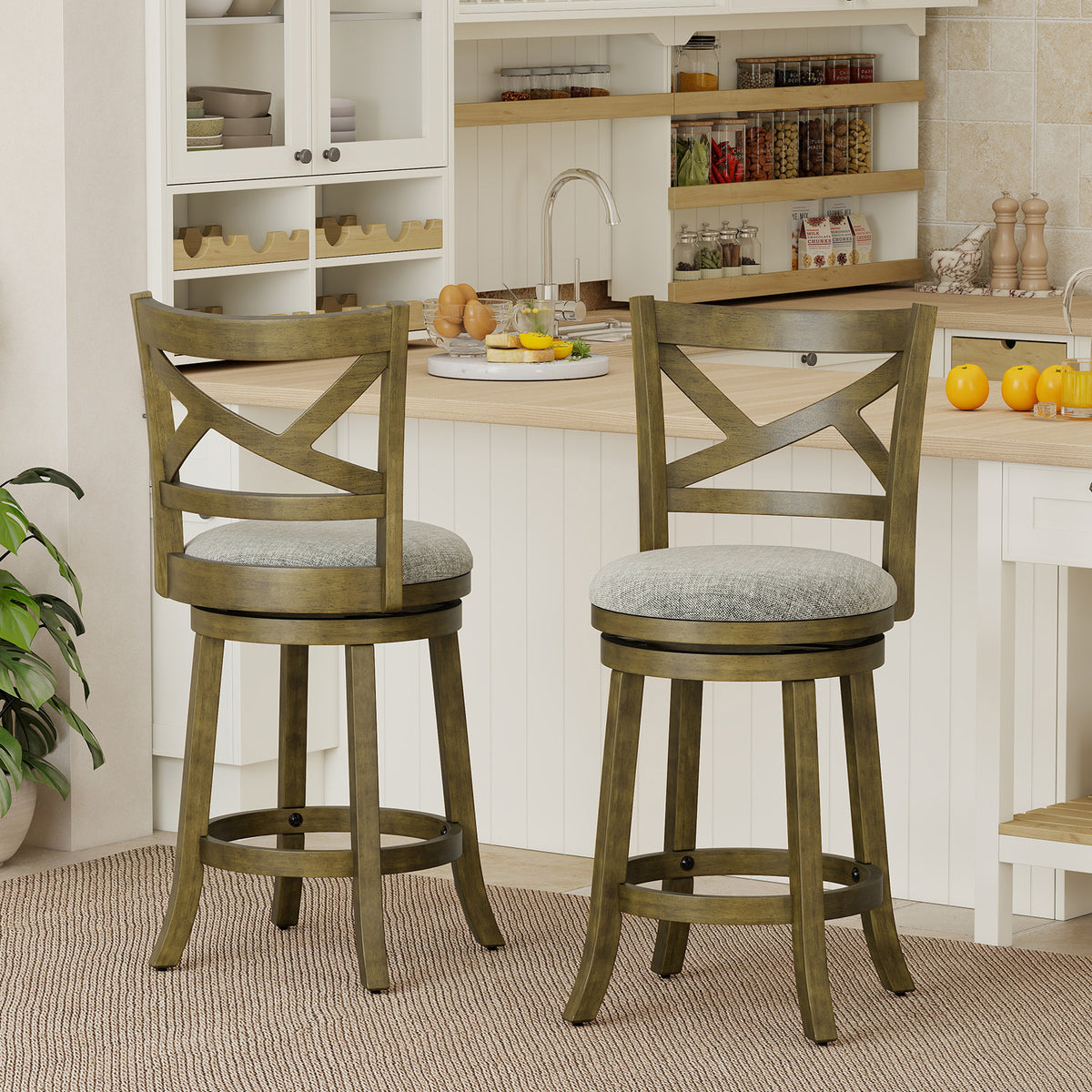 Set of two 25/30 inch swivel bar stools with backrests and wood frames, ideal for kitchen or dining areas.