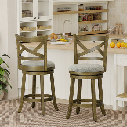 Set of two 25/30 inch swivel bar stools with backrests and wood frames, ideal for kitchen or dining areas.