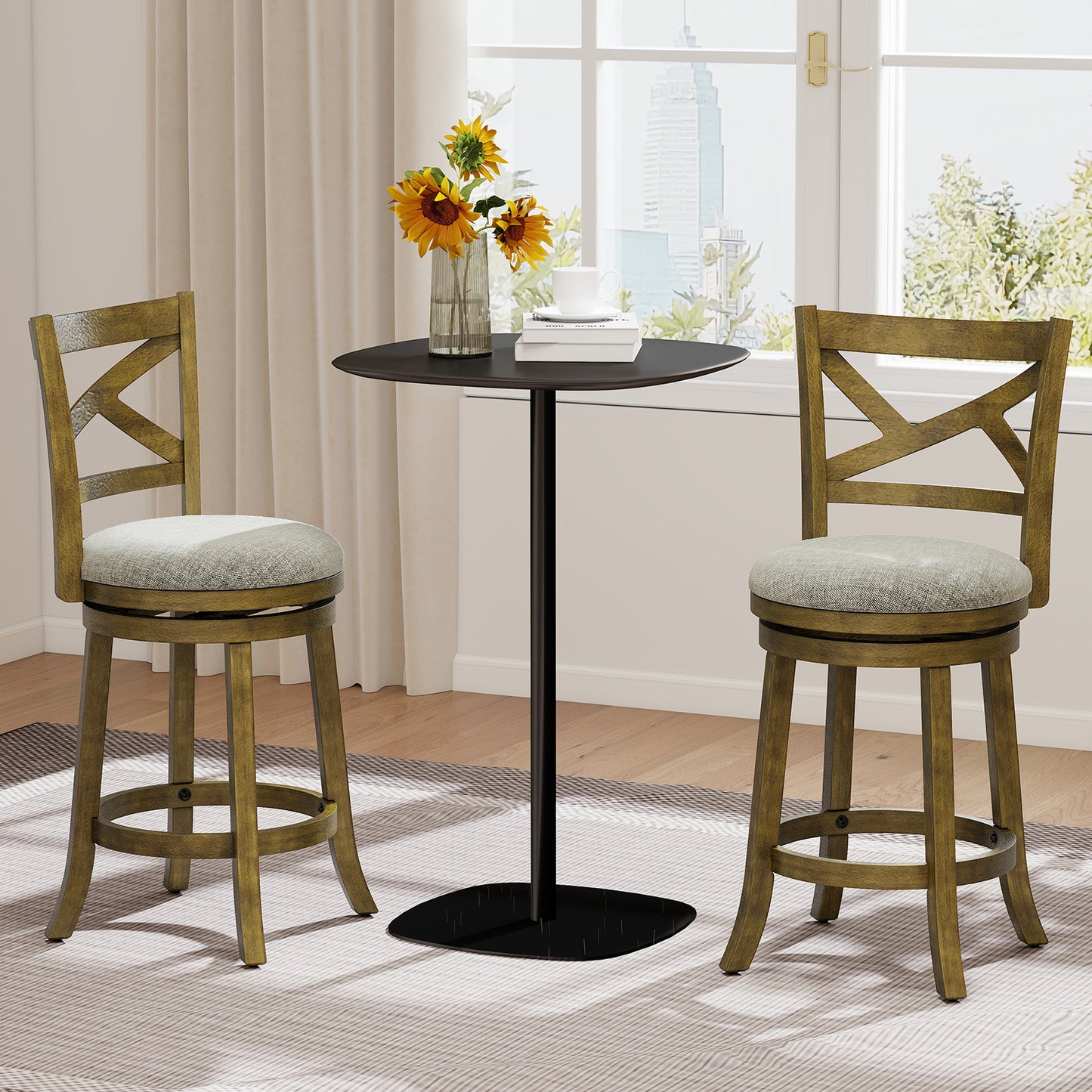 Set of two 25/30 inch swivel bar stools with backrests and wood frames, ideal for kitchen and dining areas.