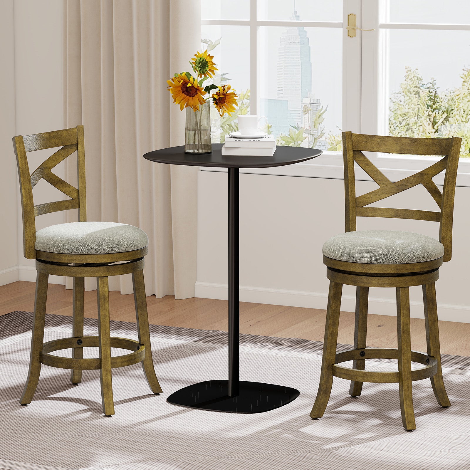 Set of two 25/30 inch swivel bar stools with backrests and wood frames, ideal for kitchen and dining areas.