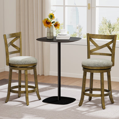 Set of two 25/30 inch swivel bar stools with backrests and wood frames, ideal for kitchen and dining areas.