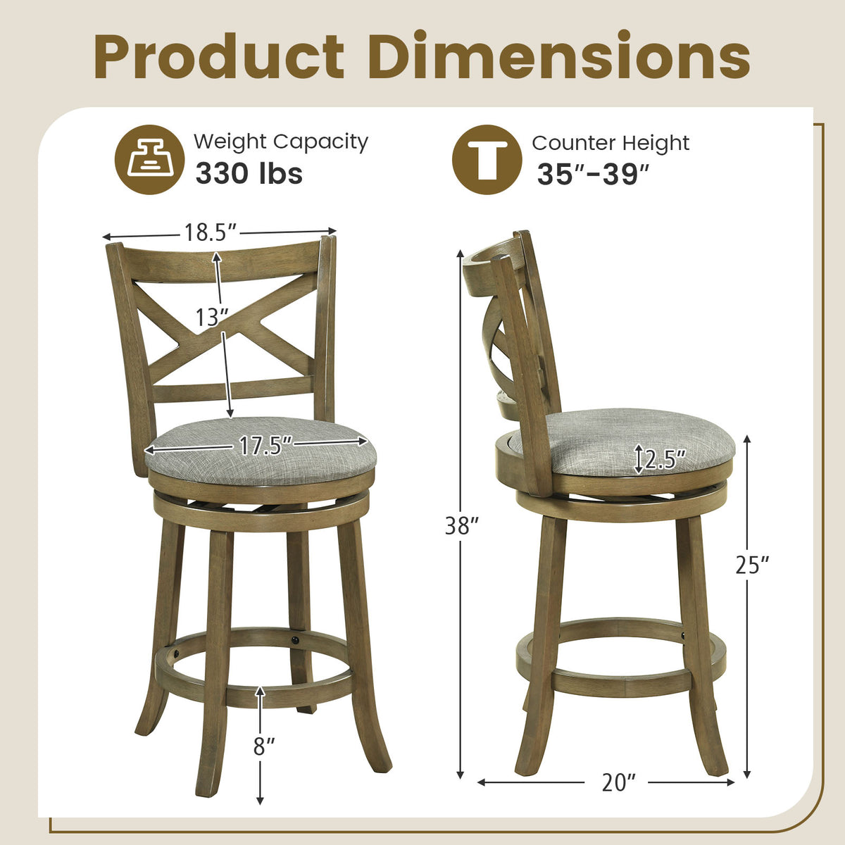 Set of two 25/30 inch swivel bar stools with backrests and wood frames, ideal for kitchen and dining areas.