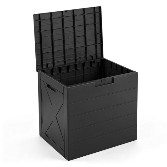 Black 25-gallon outdoor storage bin with lid, carry handles, and lock hole for patio furniture accessories by Direct by Wilsons Home Store.