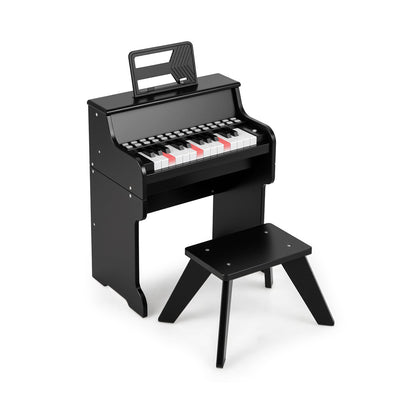 25 Keys Kids Piano Keyboard with Stool Mini Digital Piano Wooden Toy with Adjustable Speed and Volume-Black