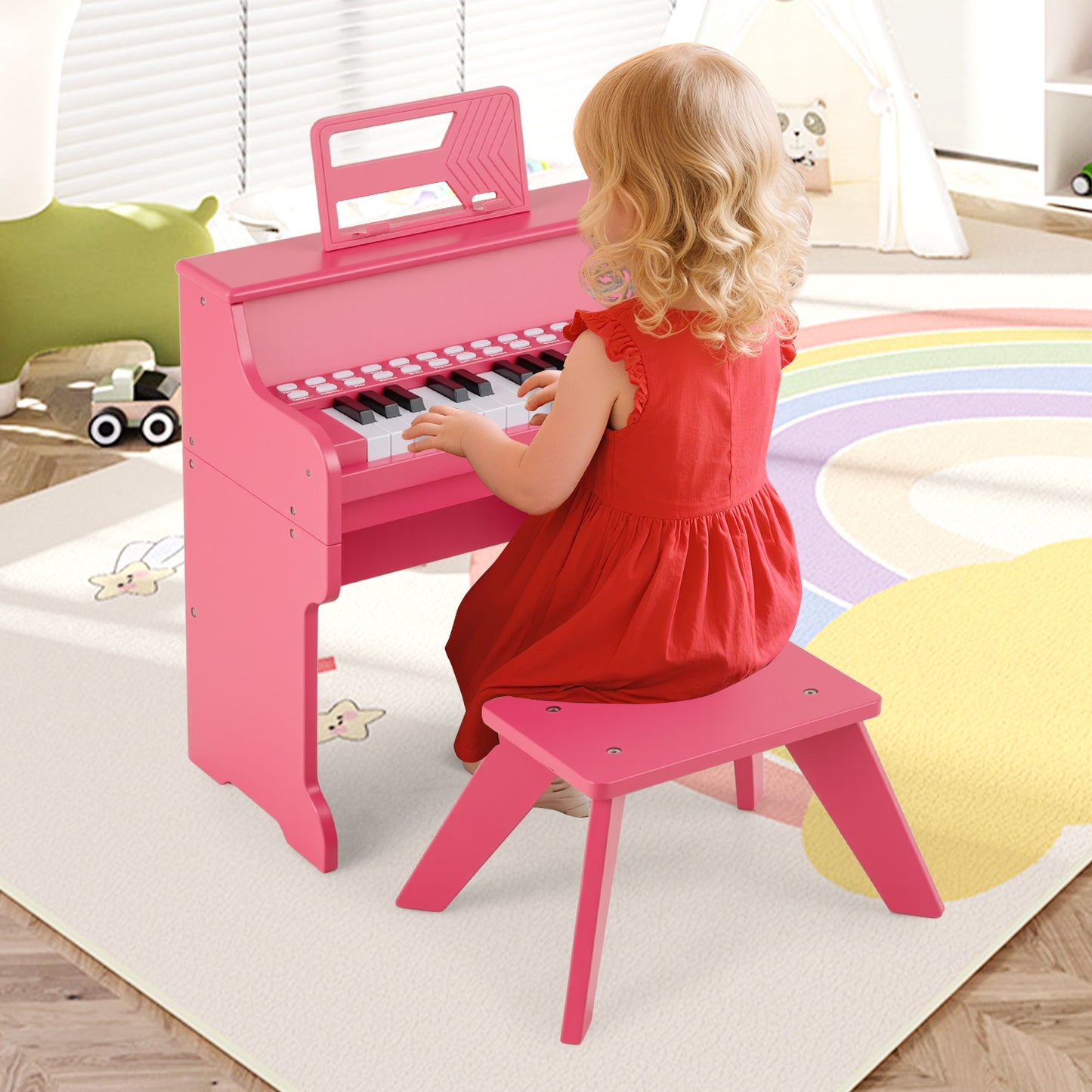 25 Keys Kids Piano Keyboard with Stool Mini Digital Piano Wooden Toy with Adjustable Speed and Volume-Black