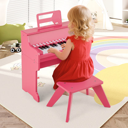 25 Keys Kids Piano Keyboard with Stool Mini Digital Piano Wooden Toy with Adjustable Speed and Volume-Black