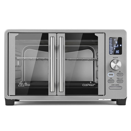 Silver 25 L French door convection toaster oven with 11 presets, compact kitchen appliance for baking, toasting, and roasting.