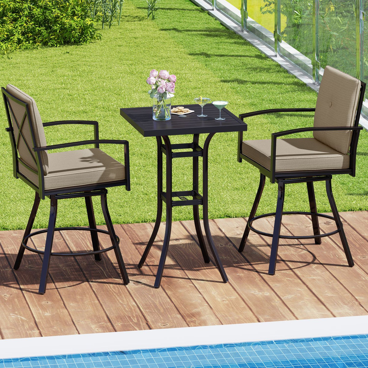 25" Square Patio Dining Table with 1.57" Umbrella Hole Metal Frame for Patio-Black